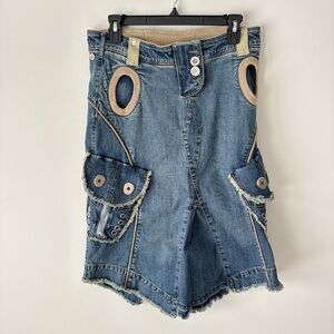 Vintage Denim Jean Midi Skirt Cargo Eyelets Frayed Hem Grunge Y2K Low Waist